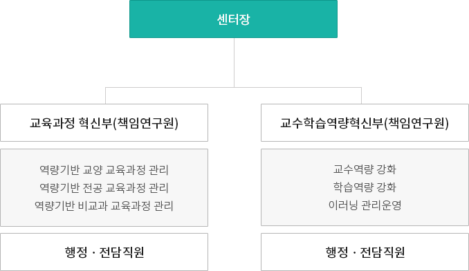 센터장 산하로 교육과정 혁신부(책임연구원)와 교수학습역량혁신부(책임연구원)가 있다. 교육과정 혁신부는 역량기반 교양 교육과정 관리, 역량기반 전공 교육과정 관리, 역량기반 비교과 교육과정 관리의 업무를 하며 소속 행정ㆍ전담직원이 있다. 교수학습역량혁신부는 교수역량 강화, 학습역량 강화, 이러닝 관리운영의 업무를 하며 소속 행정ㆍ전담직원이 있다.