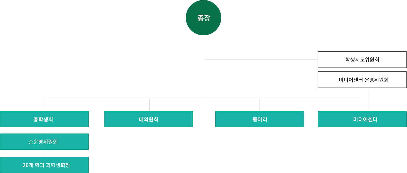 총장 산하로 총학생회, 대의원회, 동아리 운영위원회, 미디어센터가 있다. 총장과 각 학생관련조직 사이로 학생지도위원회가 있다. 총장과 미디어센터 사이에는 미디어센터 운영위원회가 있다.