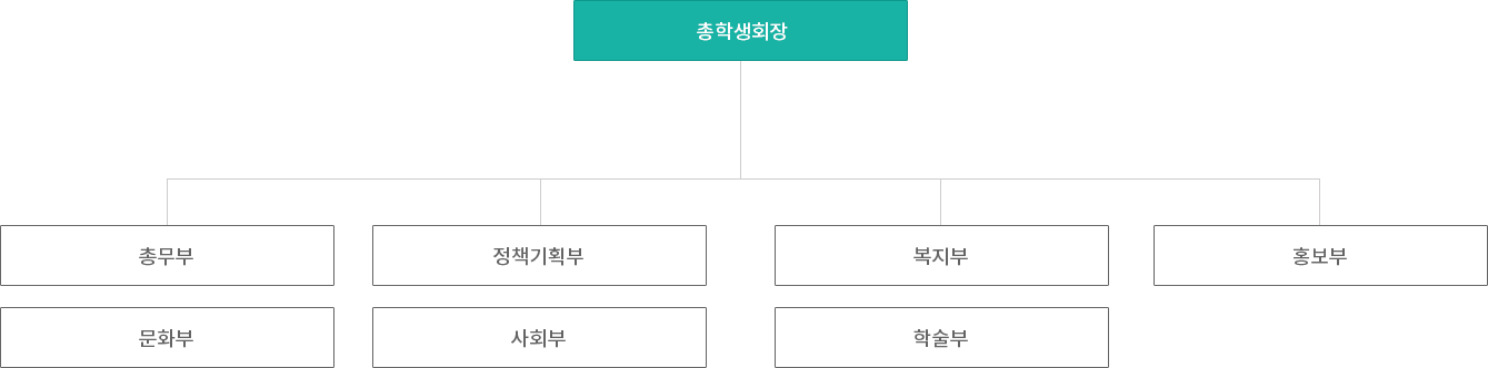 총학생회장 산하로 총무부, 정책기획부, 복지부, 홍보부, 문화부, 사회부, 학술부, 여학생부가 있다.