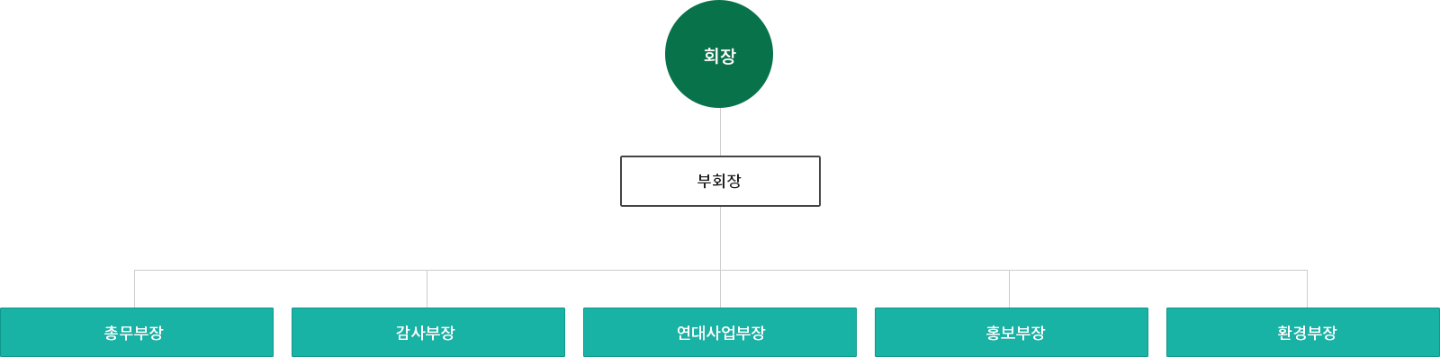 회장 산하로 부회장, 부회장 산하로 총무부장, 감사부장, 연대사업부장, 홍보부장, 환경부장이 있다.